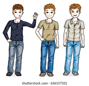 Young teen boys cute children group standing wearing fashionable casual clothes. Vector set of beautiful kids illustrations.