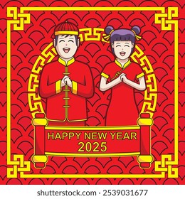 Jovem ou adolescente vestido chinês ou traje em vermelho chinês tradicional vestido ação em pagar respeito ou fundo de boas-vindas com padrão de nó chinês e desenho de banner de ANO NOVO FELIZ 2025 em desenhos coloridos