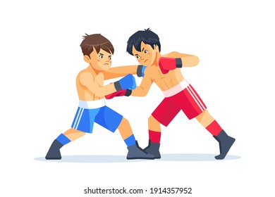 Young teen exercising with trainer at boxes and self defense lesson. Cartoon vector illustration on white background.