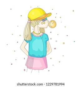 Young teen girl in a baseball cap with headphones blowing bubblegum. Little girl vector cartoon hand draw illustration. Teenage girl in bright colors, rebel girl illustration. Pre teen rebel grl