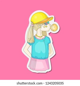 Young teen girl in a baseball cap with headphones blowing bubblegum. Little girl vector cartoon hand draw illustration. Teenage girl in bright colors, rebel girl illustration on pink. Pre teen rebel