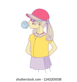Young teen girl in a baseball cap with headphones blowing bubblegum. Little girl vector cartoon hand draw illustration. Teenage girl in bright colors, rebel girl illustration. Pre teen rebel grl