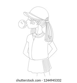 Young teen girl in a baseball cap with headphones blowing bubblegum line icon. Little girl vector cartoon pencil drawing illustration. Teenage girl, rebel girl illustration. Pre teen rebel grl