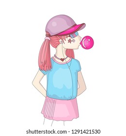 Young teen girl in a baseball cap with headphones blowing bubblegum. Little girl vector cartoon hand draw illustration. Teenage girl in bright colors, rebel girl illustration. Pre teen rebels