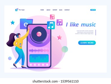 Young teen girl listening to your favorite music through the mobile app. Flat 2D character. Landing page concepts and web design.