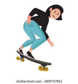 Young teen girl riding skateboard, illustration concept.
