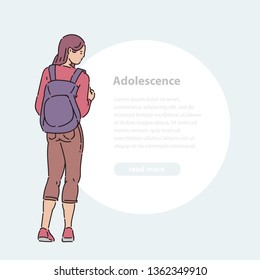 Young teen girl stands looking away with backpack on her back vector line art flat illustration banner and round area for text.