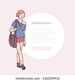 Young teen girl with stylish haircut and clothes vector line art flat illustration banner and round area for text.