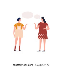 Young teen girl talking to female friend with speech bubbles vector flat illustration. Catroon gossip woman communication together isolated on white background. Conversation of two people character