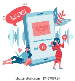 Young teen girls listening to favorite music through the mobile app. Flat female character. Internet online radio streaming, music applications, playlist online podcast concept. Vector illustration