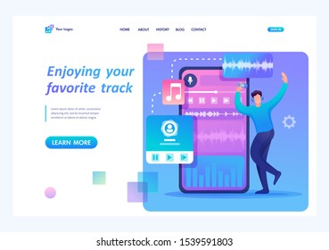 Young teen guy enjoys his favorite music track. Flat 2D character. Landing page concepts and web design