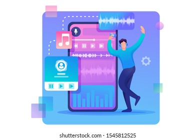 Young teen guy enjoys his favorite music track. Flat 2D character. Concept for web design.