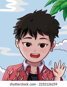 Young teen male with black hair and black eyes wearing red clothes waving and smiling isolated on blue clear sky, clouds, and tree leaves background. Colorful art with japanese kawaii chibi art style.