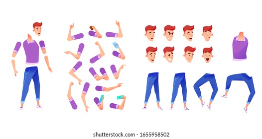 Young teen man animation set. Vector male character creation kit with various emotions, body parts, arms and legs positions and purse. Smiling cartoon guy in casual outfit constructor collection.