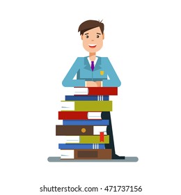 Young teen man or student standing next to a stack of books isolated on white background. Vector illustration flat design