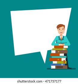 Young teen man or student standing with stack of books next to the poster . Vector illustration flat design isolated on blue background for educational posters.