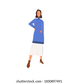 Young teen model wear blue sweater. Strong female stand with arm akimbo. Winter fashion concept. Vector illustration.