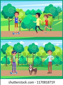 Young teen people jogging running in park vector. Male walking pet dog on leash talking to boy on hoverboard with vape in hands. Hipsters teenagers