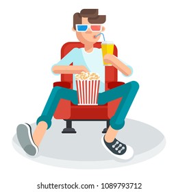 Young teen spectator in a movie theater watching film, 3D movie glasses. It keeps holding popcorn and a soft drink. Flat vector cartoon illustration. Objects isolated on a white background.