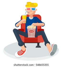 Junge Teenager-Zuschauer in einem Kino, die Film sehen, 3D-Filmbrille. Es hält Popcorn und ein weiches Getränk. Flache Vektorgrafik. Objekte einzeln auf weißem Hintergrund.