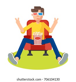 Young teen spectator in a movie theater watching film, 3D movie glasses. It keeps holding popcorn and a soft drink. Flat vector cartoon illustration. Objects isolated on a white background.