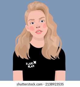 a young teenage blonde girl in a black T-shirt. Avatar for a social network. Vector fashion illustration isolated on background. Portrait