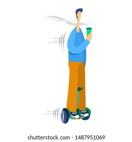 Young teenage  boy in cap holding plastic glass with  drink  riding hoverboard or self-balancing scooter. Flat male character. Colorful vector illustration