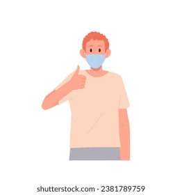 Young teenage boy cartoon character wearing medical facial mask gesturing ok approving sign