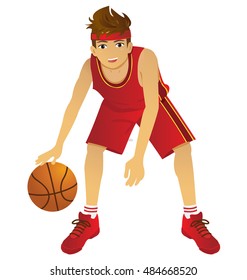 Young Teenage Boy Dribbling Basketball. Male Basketball Player Wearing Red Basketball Uniform Controlling the Ball. Vector Illustration