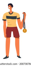 Young teenage boy holding golden medal for victory in sportive event or challenge. Championship or competition, winning and congratulation with ceremony and respectful reward. Vector in flat style