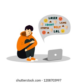 Young Teenage Boy Sitting In Front Of The Laptop On White Background. Cyber Bullying. 