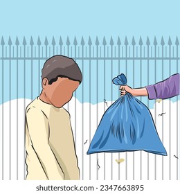Young teenage boy with smelly garbage bag from father's hand

