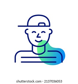 Young Teenage Boy Wearing A Baseball Cap. Pixel Perfect, Editable Stroke Icon