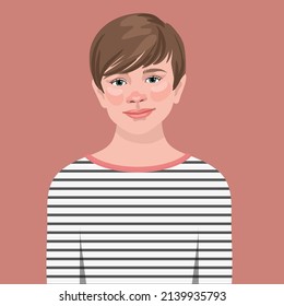 a young teenage girl with brown hair and a boyish hairstyle in a striped top. Avatar for a social network. Vector fashion illustration isolated on background. Portrait