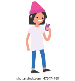 Young teenage girl is looking at her smart phone's screen / editable vector illustration, more similar characters are available in my image gallery