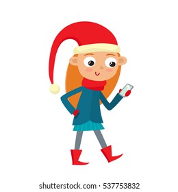 Young teenage girl is looking at her smart phones screen isolated on white. Vector illustration of hipster in santa hat in cartoon style.