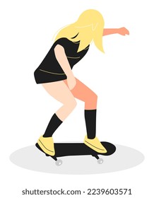 young teenage girl playing skateboard. side view. isolated blue background. vector flat illustration.