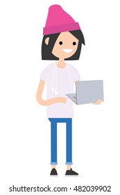 Young teenage girl is standing with her laptop // flat editable vector illustration