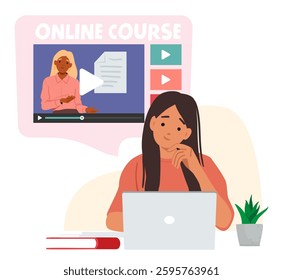 Young teenage girl student cartoon character watching online course webinar on laptop computer studying online from home vector illustration. Remote education, e-learning with internet technology