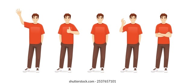 Young teenage man in casual clothes standing in different poses. Isolated vector illustration set