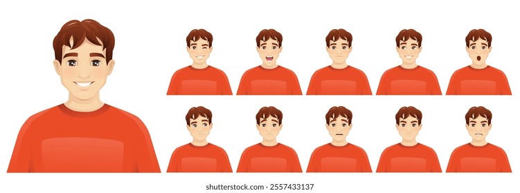 Young teenage man with different facial expressions. Vector illustration isolated set