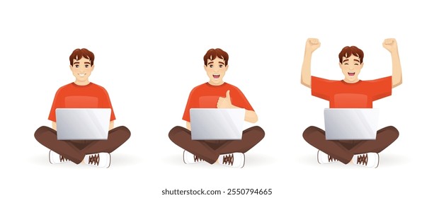 Young teenage man student using laptop computer sitting with crossed legs and different gestures. Isolated vector illustration set