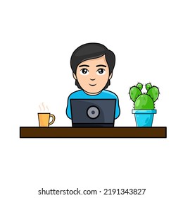 Young teenage man uses laptop for work or chatting with friends. Daily life of office employee, creative freelance worker or writer. Flat cartoon vector illustration.