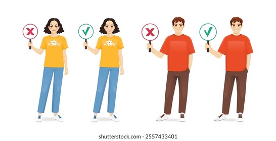 Young teenage man and woman in casual clothes showing right and wrong signs. Vector illustration isolated