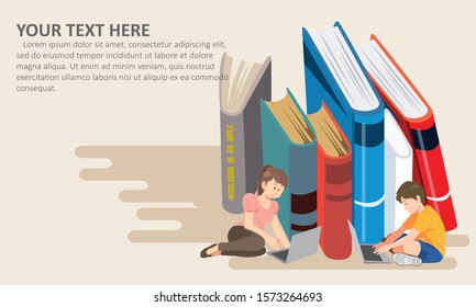 Young and teenage readers sitting on stack of giant books. Colored vector illustration on brown background. suitable for ebook banner or elearning concept.