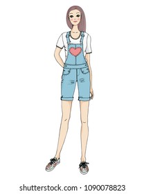 young teenage Sketch girl in jeans overalls  with print heart. Fashion model. Drawing vector illustration on white background.