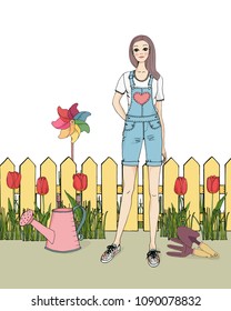 young teenage Sketch girl in jeans overalls  in garden with flowers.  Drawing vector illustration on white background.