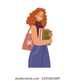 Joven estudiante adolescente con libros en las manos. Chica moderna y de moda aislada con publicación, preparándose para el examen o la lección en la universidad o la universidad. Ilustración vectorial en estilo plano de dibujos animados