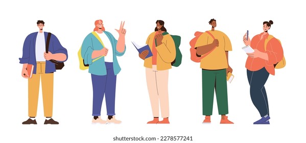 Young teenage student happily smiling while standing with bag on shoulders isolated on white background. Cheerful teen people enjoying education and learning. Back to school or university concept