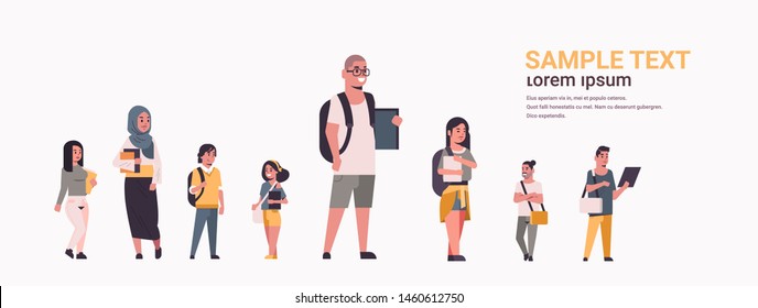 young teenage students group holding books mix race girls and guys with backpacks standing together education concept flat female male cartoon characters horizontal full length copy space